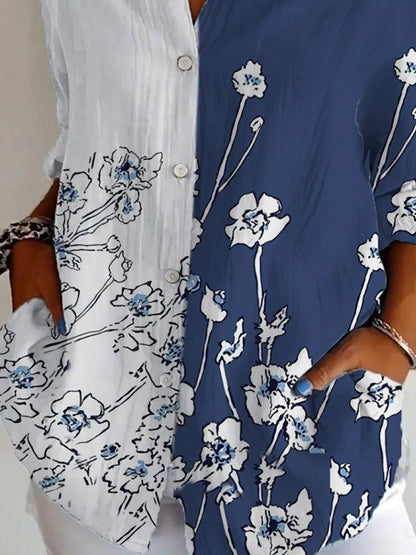 Chemise femme à motif floral, sportive et élégante, manches longues, col classique, coupe régulière, idéale pour le quotidien et les vacances, boutonnée, imprimée, bleu, printemps et automne