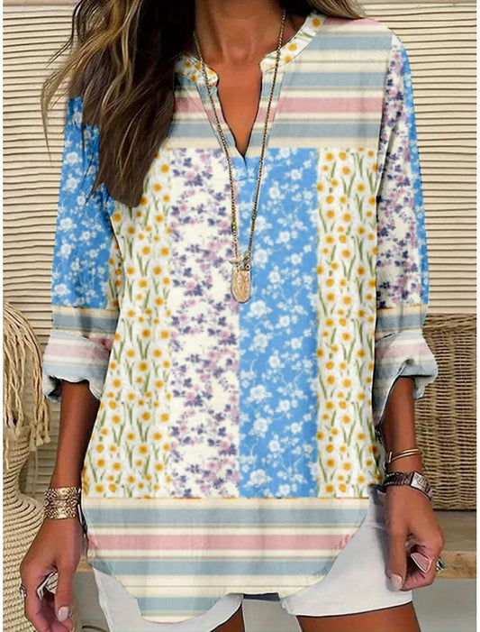Blouse femme à motif floral, élégante et moderne, manches longues, col en V, coupe régulière, idéale pour le quotidien et les vacances, imprimée, noir et blanc, été