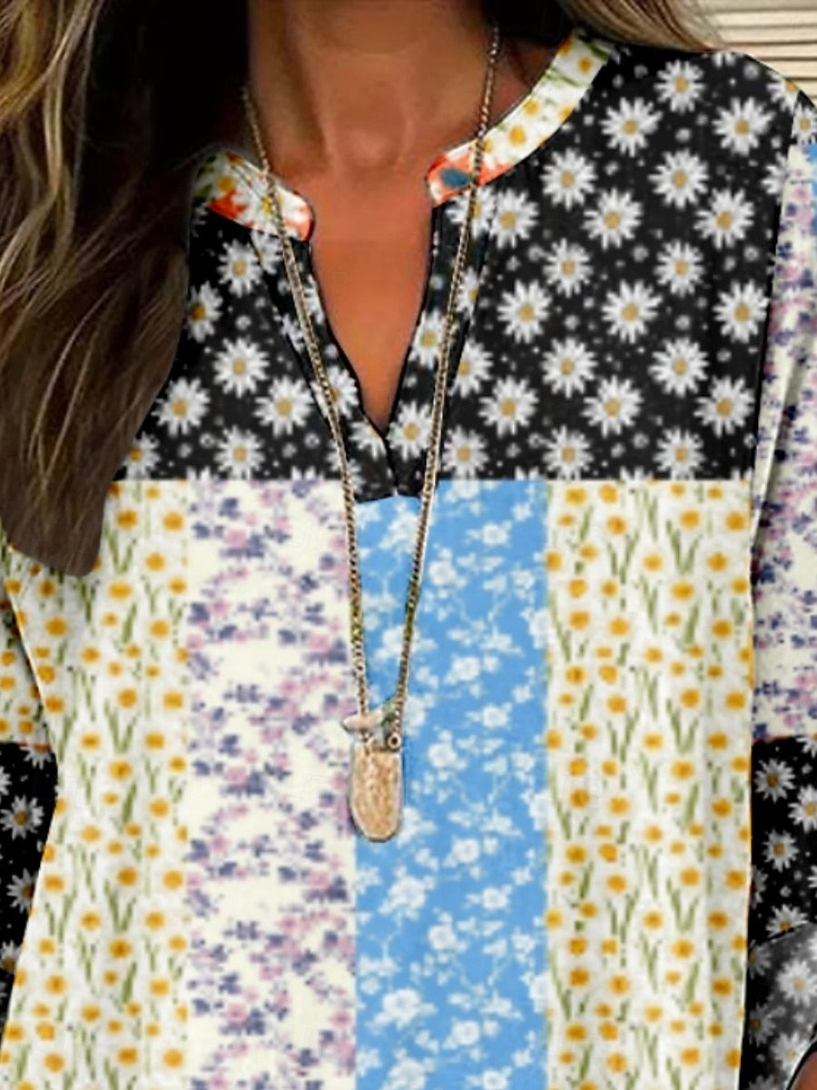 Blouse femme à motif floral, élégante et moderne, manches longues, col en V, coupe régulière, idéale pour le quotidien et les vacances, imprimée, noir et blanc, été