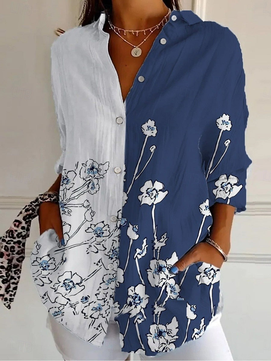 Chemise femme à motif floral, sportive et élégante, manches longues, col classique, coupe régulière, idéale pour le quotidien et les vacances, boutonnée, imprimée, bleu, printemps et automne