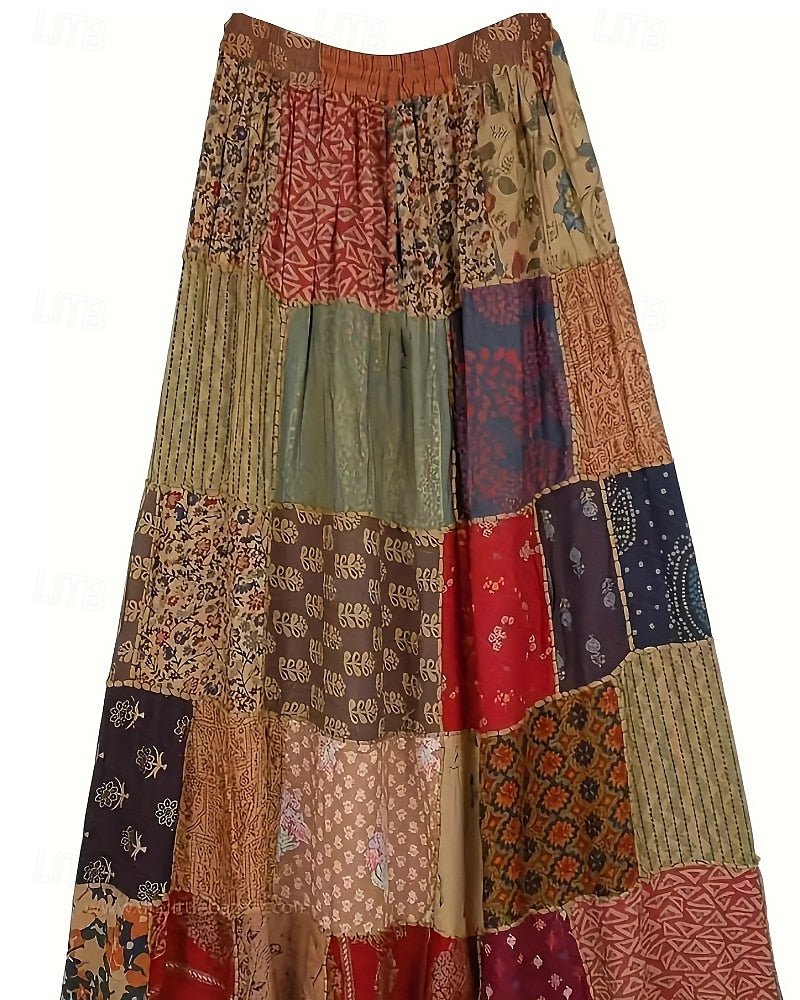 Jupe femme, jupe maxi bohème décontractée à taille moyenne, motif floral, légèrement extensible, idéale pour les vacances et le style streetwear, rouge-bleu, été, polyester