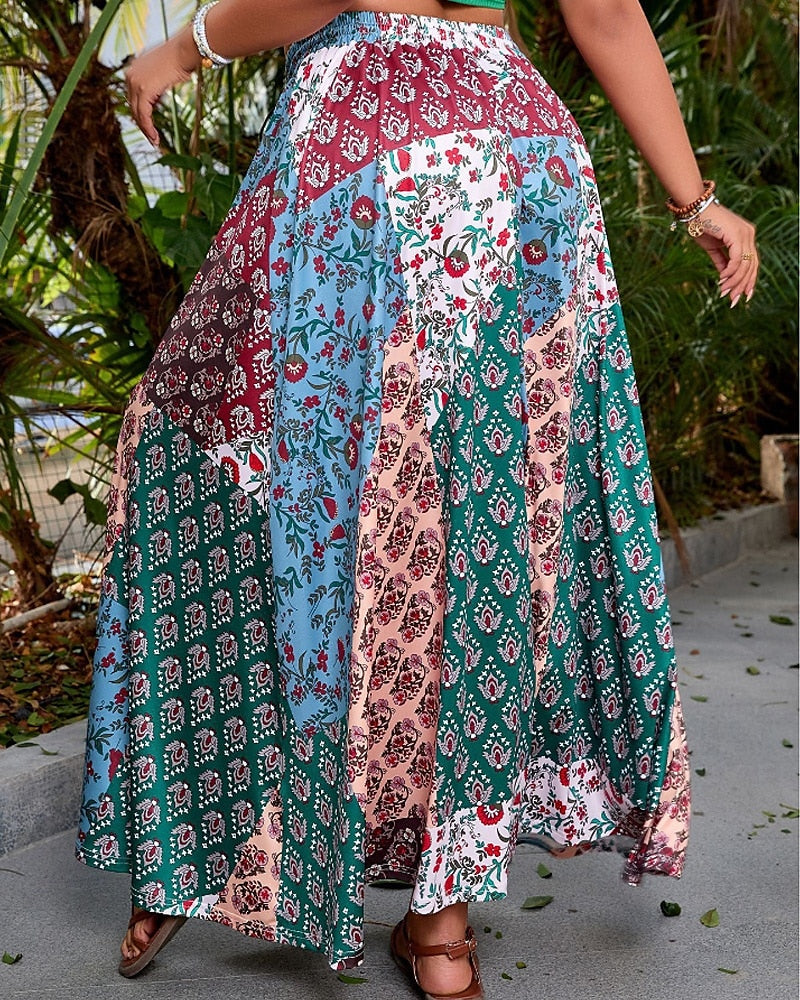 Jupe femme, jupe maxi bohème décontractée à taille moyenne, motif floral, légèrement extensible, idéale pour les vacances et le style streetwear, rouge-bleu, été, polyester