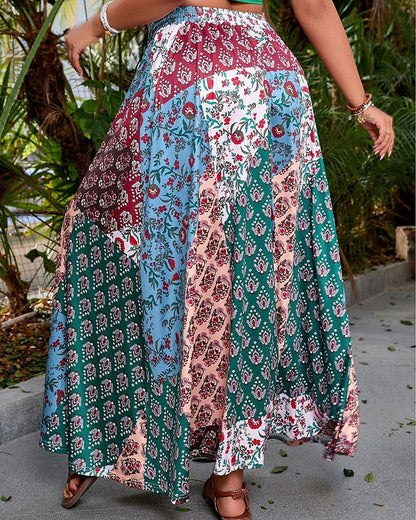 Jupe femme, jupe maxi bohème décontractée à taille moyenne, motif floral, légèrement extensible, idéale pour les vacances et le style streetwear, rouge-bleu, été, polyester