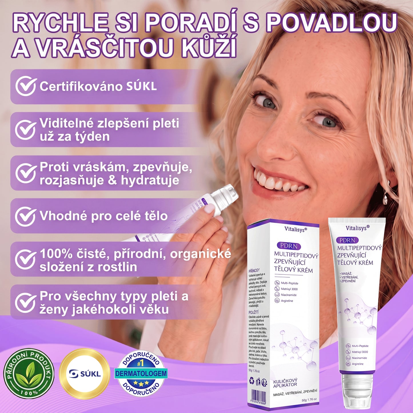 Vitalisys®🍋 PDRN Multi-Peptide Masážní tělový krém s válečkem — proti stárnutí, hydratuje, zpevňuje a liftinguje pokožku, podporuje regeneraci, sjednocuje tón pleti a pečuje o nedokonalosti a tmavé skvrny.
