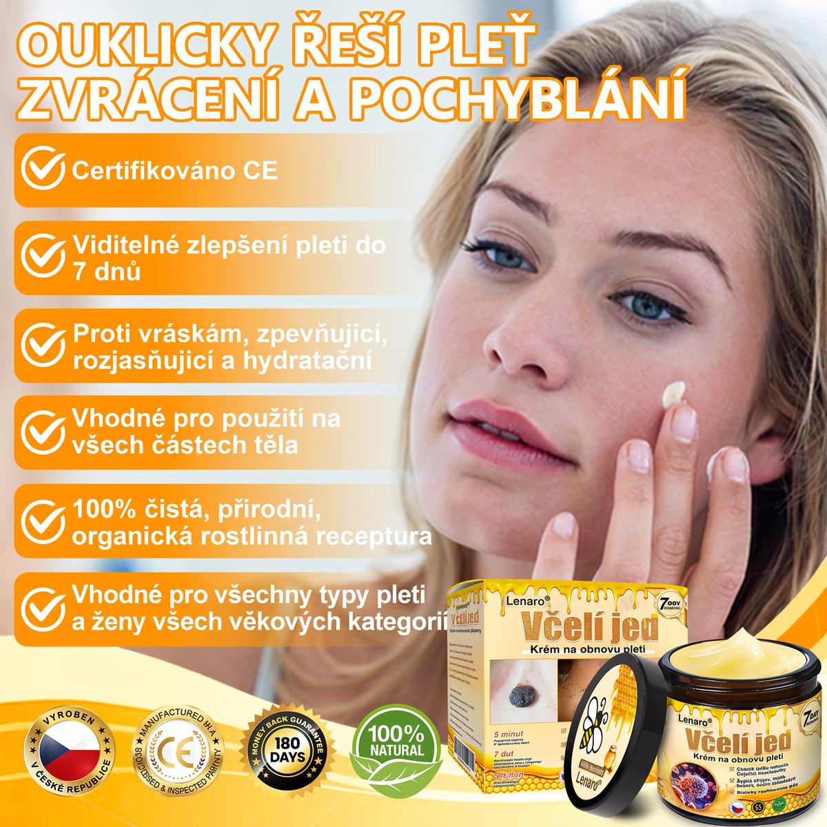 Lenaro® Krém s včelím jedem na obnovu pokožky 🍀 pomáhá při řešení kožních problémů, jako jsou: vrásky, jizvy, pigmentové skvrny, strie, akné, lupénka, ekzém, kožní léze, podráždění, záněty a další kožní potíže.