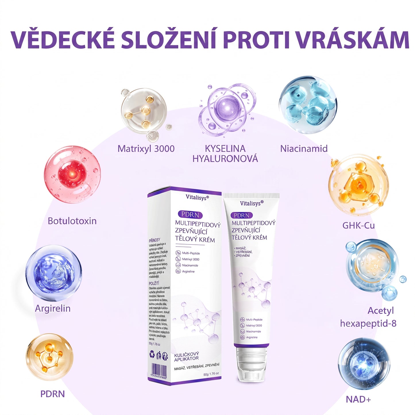Vitalisys®🍋 PDRN Multi-Peptide Masážní tělový krém s válečkem — proti stárnutí, hydratuje, zpevňuje a liftinguje pokožku, podporuje regeneraci, sjednocuje tón pleti a pečuje o nedokonalosti a tmavé skvrny.