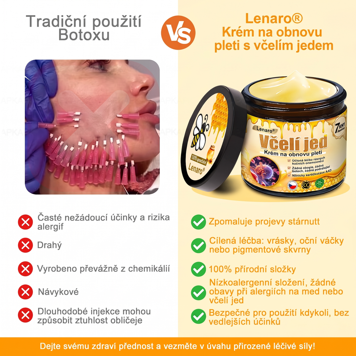 Lenaro® Krém s včelím jedem na obnovu pokožky 🍀 pomáhá při řešení kožních problémů, jako jsou: vrásky, jizvy, pigmentové skvrny, strie, akné, lupénka, ekzém, kožní léze, podráždění, záněty a další kožní potíže.