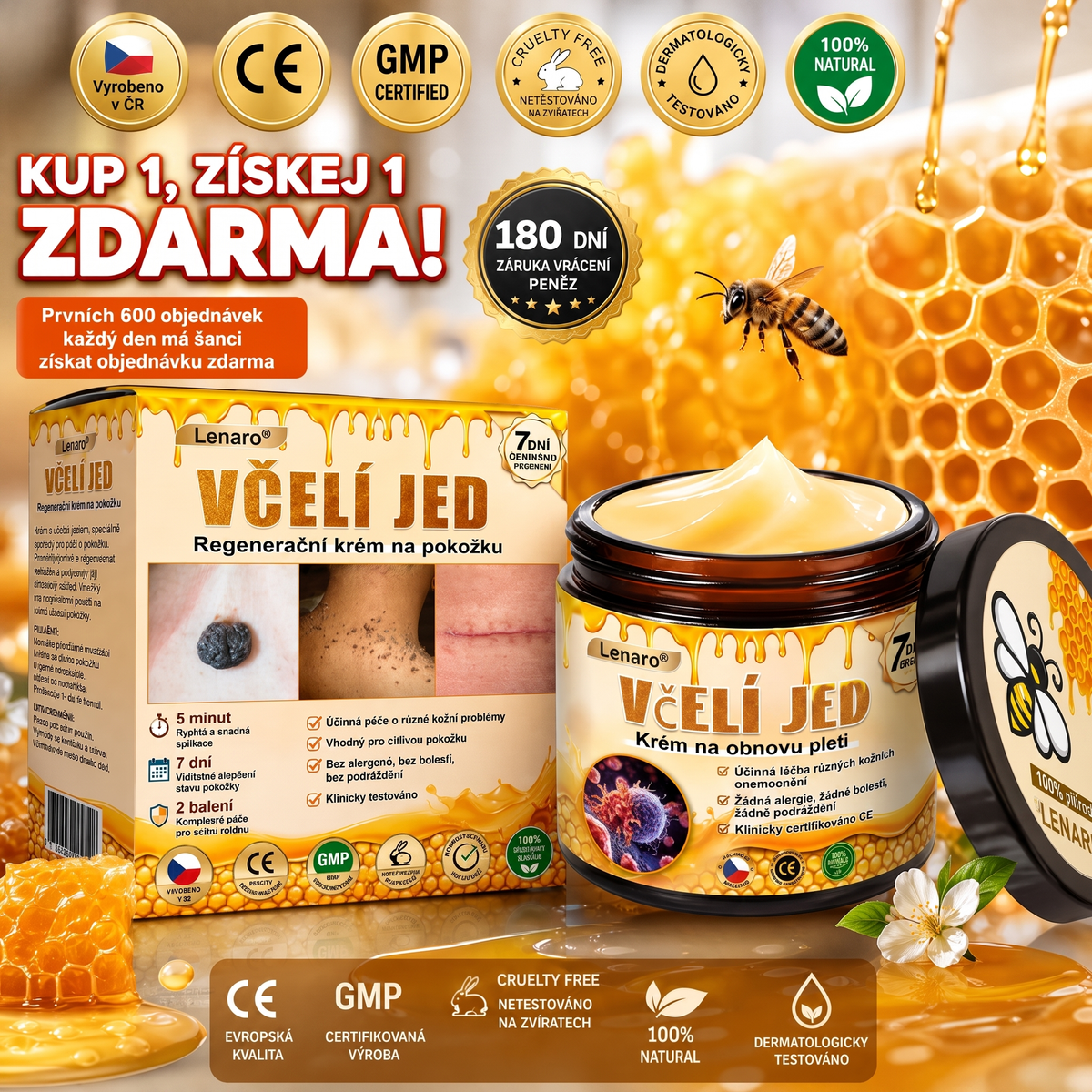 Lenaro® Krém s včelím jedem na obnovu pokožky 🍀 pomáhá při řešení kožních problémů, jako jsou: vrásky, jizvy, pigmentové skvrny, strie, akné, lupénka, ekzém, kožní léze, podráždění, záněty a další kožní potíže.