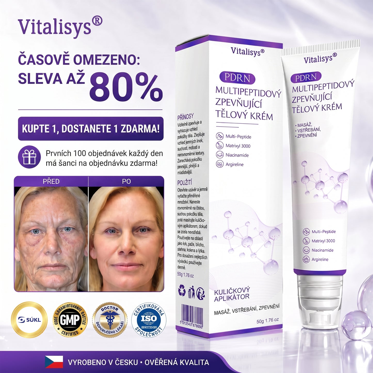 Vitalisys®🍋 PDRN Multi-Peptide Masážní tělový krém s válečkem — proti stárnutí, hydratuje, zpevňuje a liftinguje pokožku, podporuje regeneraci, sjednocuje tón pleti a pečuje o nedokonalosti a tmavé skvrny.