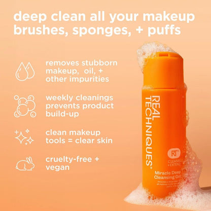 Real Techniques Miracle hloubkově čisticí gel, šampon na čištění kosmetických štětců a houbiček, veganský a cruelty-free, lahvička 118 ml