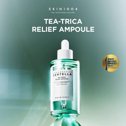 Zde je překlad do češtiny (přizpůsobený pro e-shopy s kosmetikou):  SKIN1004 Tea-Trica Relief Ampoule (100 ml) – zklidňující hydratace pro citlivou pleť