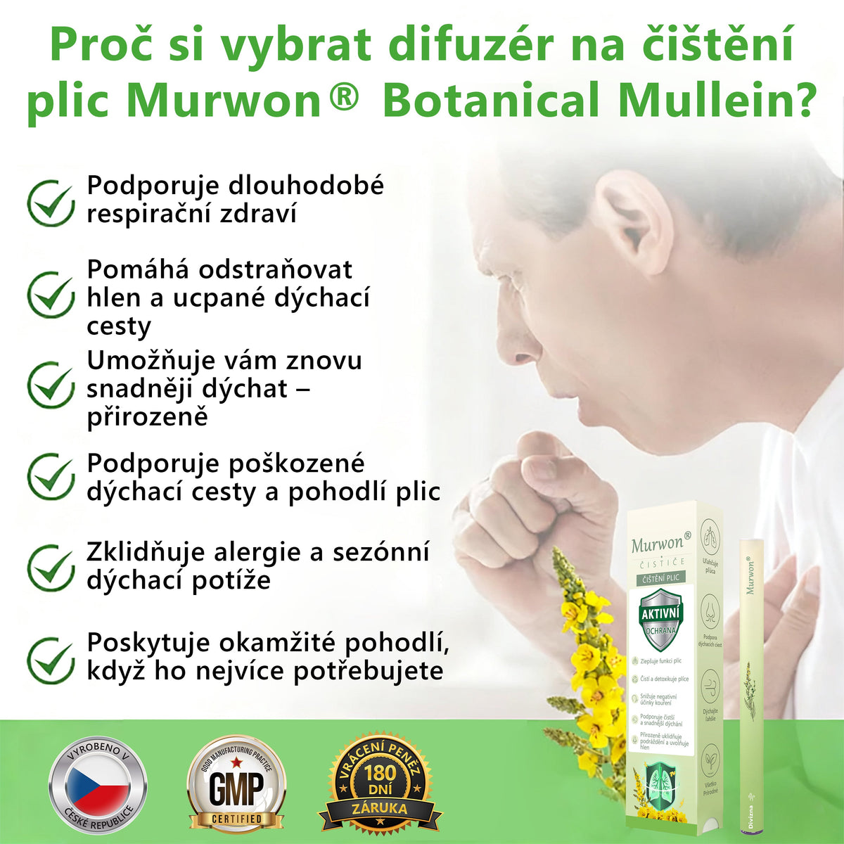 🇨🇿 Vysoce kvalitní český produkt s doručením po celé ČR ❤️ Murwon® bylinný inhalátor pro očistu plic🥐(👨‍⚕️ Účinná pomoc při: kašli, bolesti v krku, dušnosti, zahlenění, ucpaném nosu, zánětu průdušek, alergických příznacích a plicních potížích)🍈