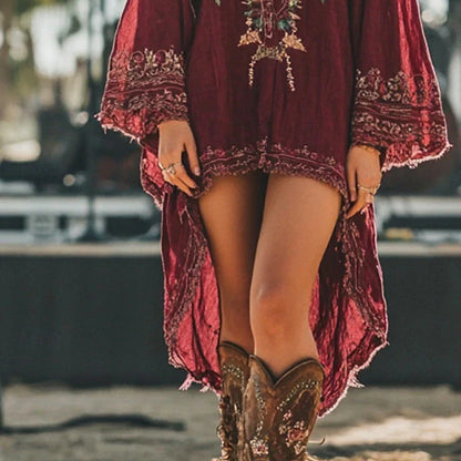 Robe midi femme, robe bohème, classique vintage, idéale pour les vacances et le quotidien, coupe régulière, motif floral, manches longues, col en V, rouge, été