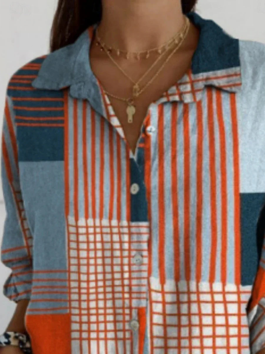 Blouse femme à blocs de couleur géométriques, chemise à manches longues élégante avec col, coupe régulière, idéale pour le quotidien et les vacances, avec boutons et imprimé, couleur bleue, été