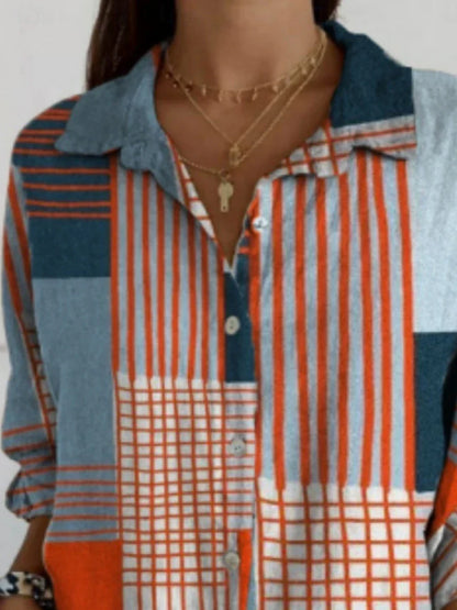 Blouse femme à blocs de couleur géométriques, chemise à manches longues élégante avec col, coupe régulière, idéale pour le quotidien et les vacances, avec boutons et imprimé, couleur bleue, été
