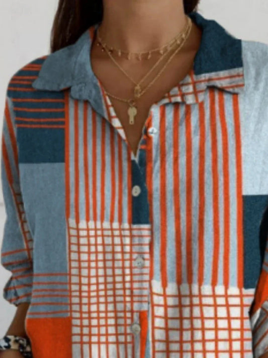 Blouse femme à blocs de couleur géométriques, chemise à manches longues élégante avec col, coupe régulière, idéale pour le quotidien et les vacances, avec boutons et imprimé, couleur bleue, été