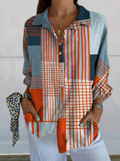 Blouse femme à blocs de couleur géométriques, chemise à manches longues élégante avec col, coupe régulière, idéale pour le quotidien et les vacances, avec boutons et imprimé, couleur bleue, été