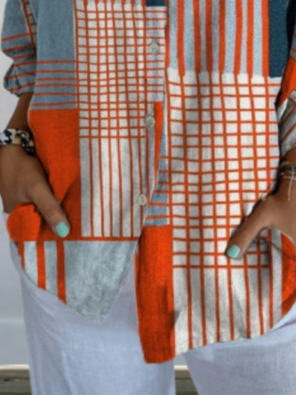 Blouse femme à blocs de couleur géométriques, chemise à manches longues élégante avec col, coupe régulière, idéale pour le quotidien et les vacances, avec boutons et imprimé, couleur bleue, été