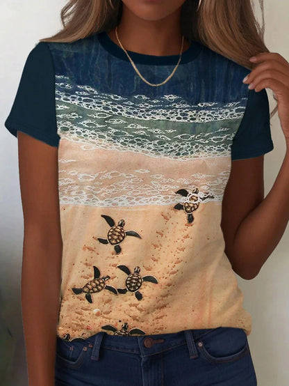 T-shirt femme Ocean, décontracté, manches courtes, col rond, coupe régulière, imprimé quotidien, bleu, printemps-été