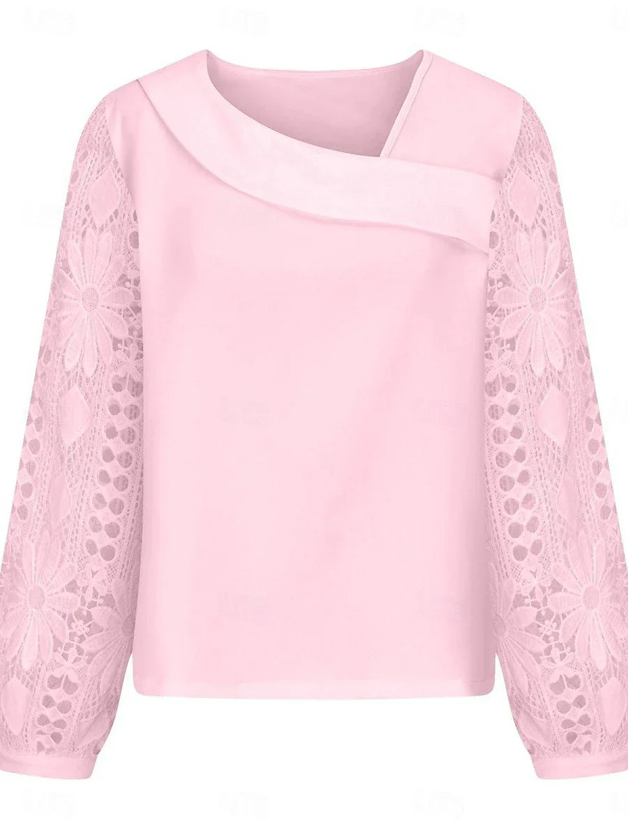 Blouse élégante en dentelle pour femme, manches longues, coupe régulière, ornement asymétrique, disponible en noir, blanc et rose, idéale pour le quotidien et les vacances.
