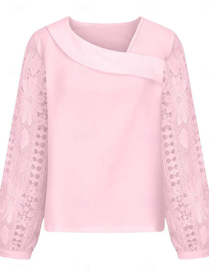 Blouse élégante en dentelle pour femme, manches longues, coupe régulière, ornement asymétrique, disponible en noir, blanc et rose, idéale pour le quotidien et les vacances.