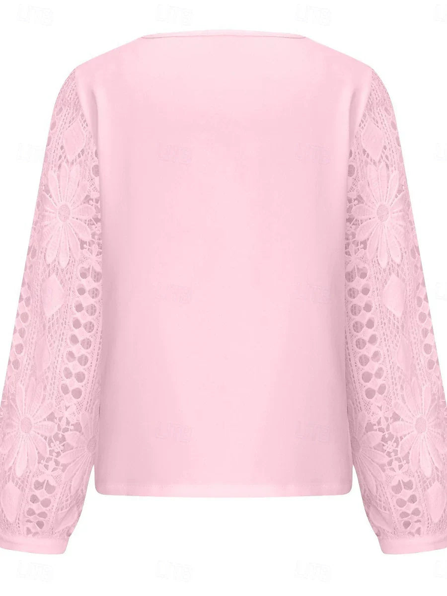 Blouse élégante en dentelle pour femme, manches longues, coupe régulière, ornement asymétrique, disponible en noir, blanc et rose, idéale pour le quotidien et les vacances.