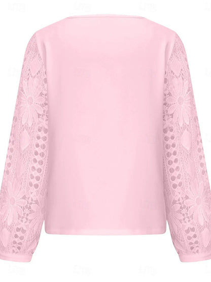 Blouse élégante en dentelle pour femme, manches longues, coupe régulière, ornement asymétrique, disponible en noir, blanc et rose, idéale pour le quotidien et les vacances.